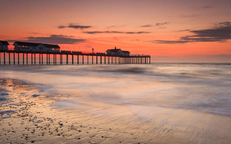 Beach in Suffolk suffolk beach and pier at sunset