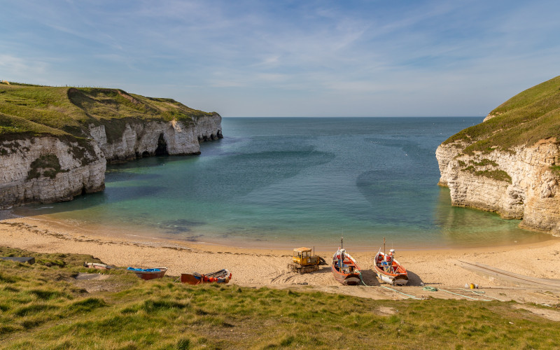 north landing beach with fishing boats near bridlington